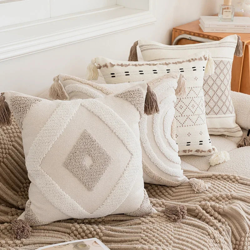 West-Housse de coussin beige à boucles, motif géométrique semi-circulaire, brodée et crochetée, pour canapé