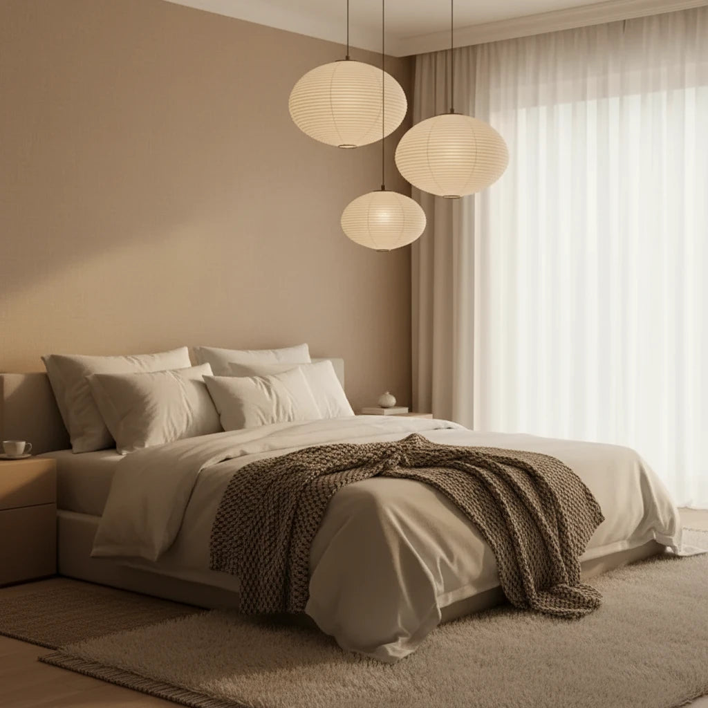 Gheisha-Suspension esprit Japandi Wabi-Sabi – Luminaire design en papier de riz