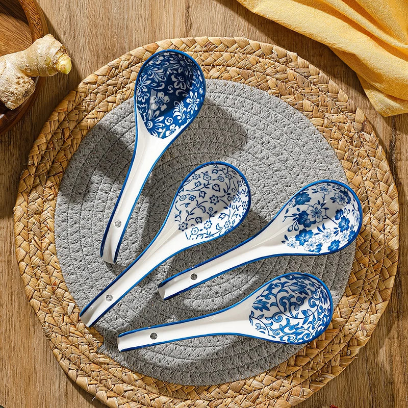 Dély-Cuillères à soupe en porcelaine bleu et blanc – lot de 4