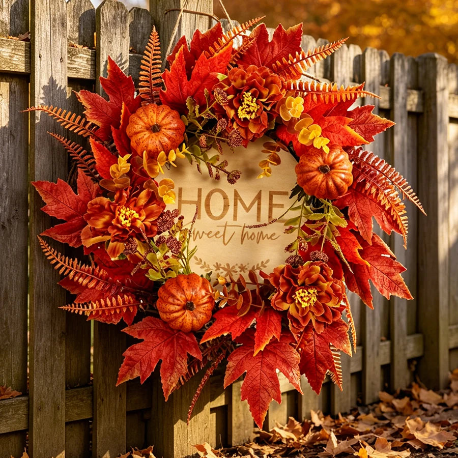 Couronne d’Automne 50 cm – Feuilles d’Érable et Citrouilles