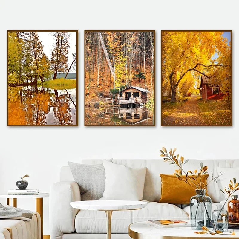 Peinture sur Toile Imprimée de Feuilles Jaunes d'Automne, Vue d'Automne, Paysage, Affiche d'Halloween, Image de Salon, Décoration de Maison