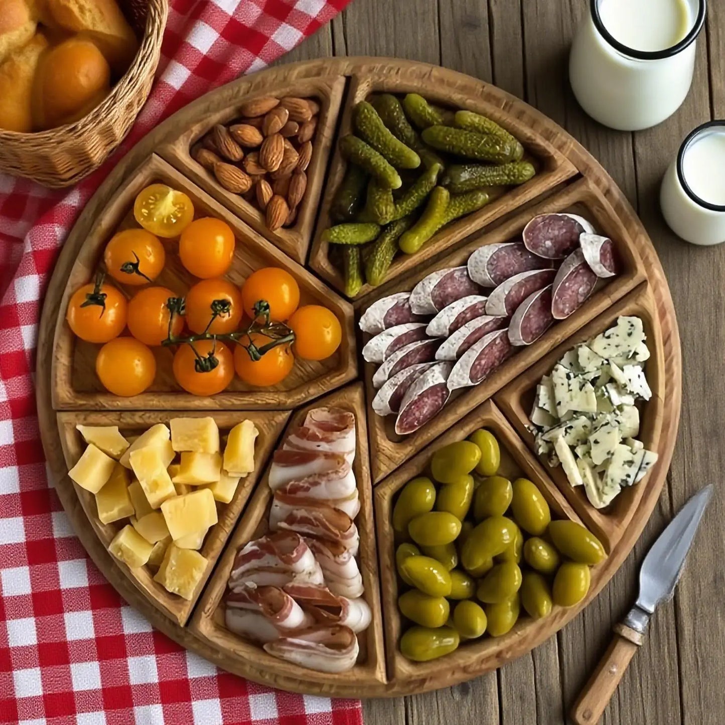 rota-Plateau apéritif rond compartimenté en bois naturel
