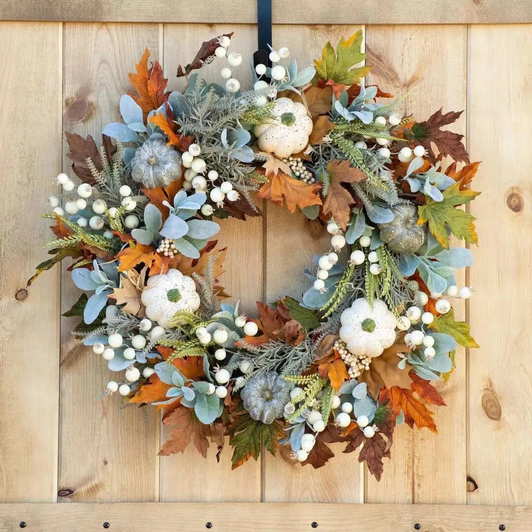 Couronne d’automne décorative – Citrouilles et feuillage aux tons chaleureux