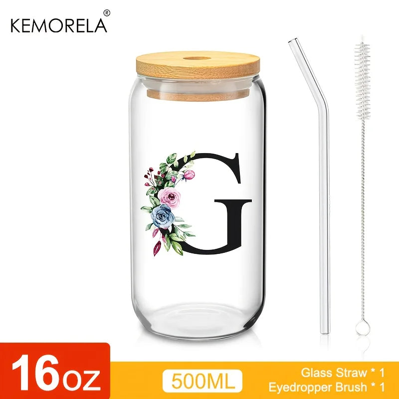 Valou-Verre transparent avec lettre, couvercle en bambou et paille – 470 ml