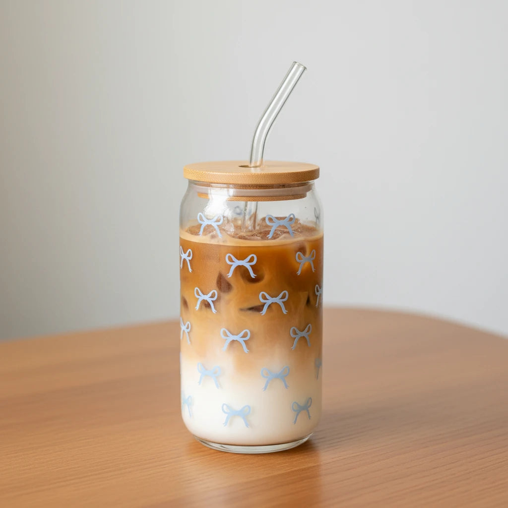 Girly-Verre transparent avec couvercle en bambou, paille et nœuds roses – 1 ou 2 pièces