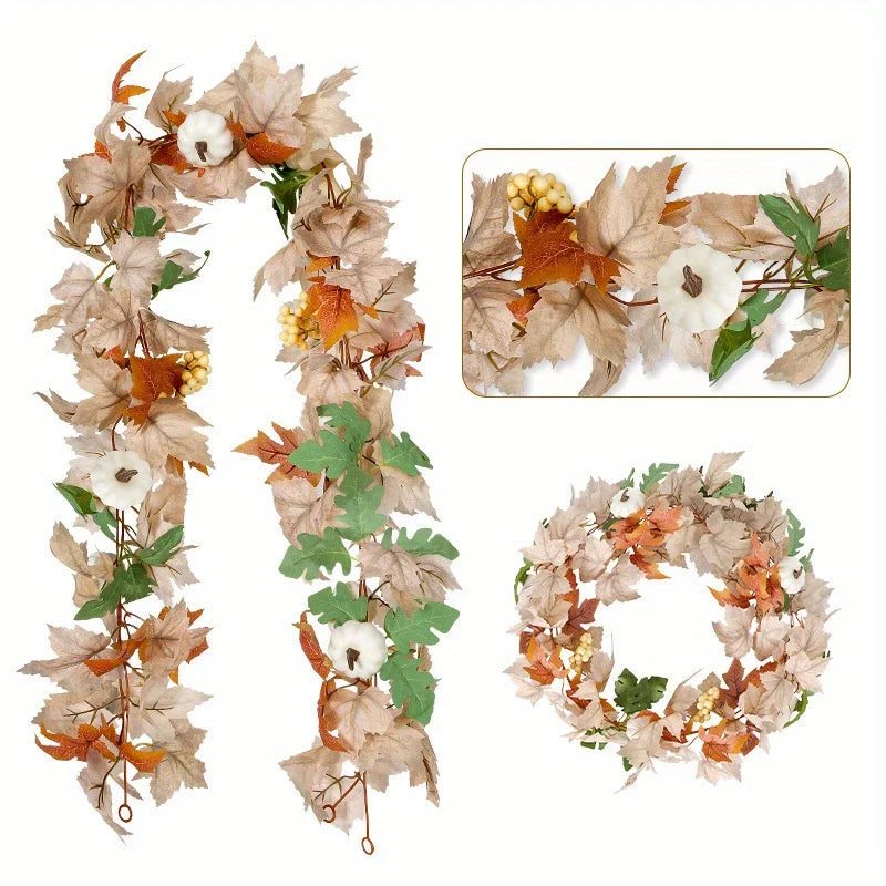 Guirlande d’automne artificielle – Feuilles d’érable, baies et citrouilles