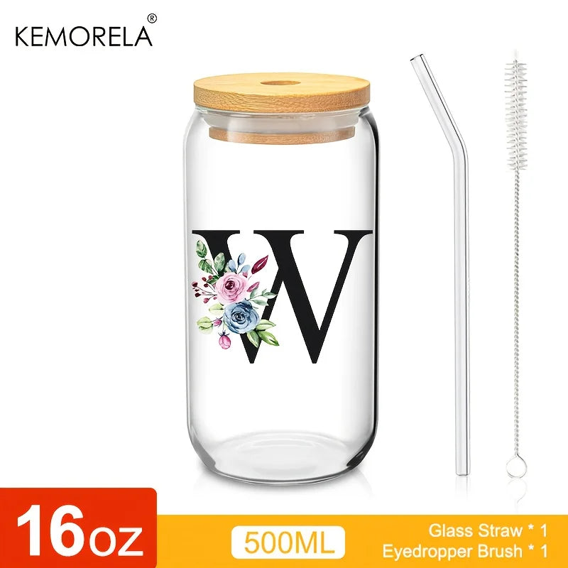 Valou-Verre transparent avec lettre, couvercle en bambou et paille – 470 ml