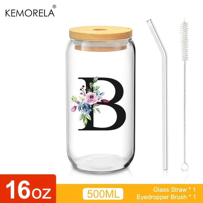 Valou-Verre transparent avec lettre, couvercle en bambou et paille – 470 ml