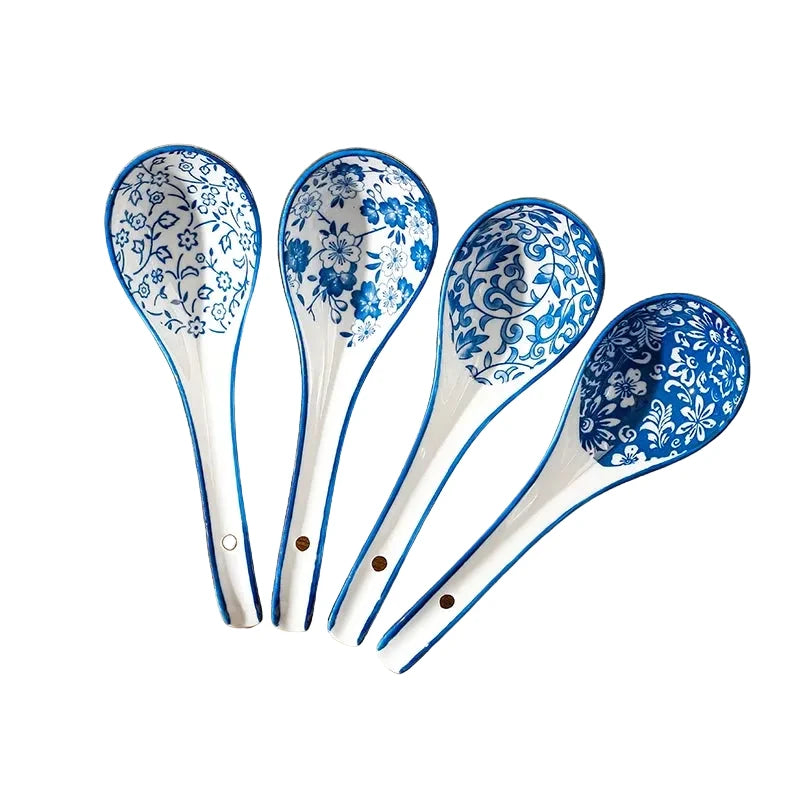 Dély-Cuillères à soupe en porcelaine bleu et blanc – lot de 4