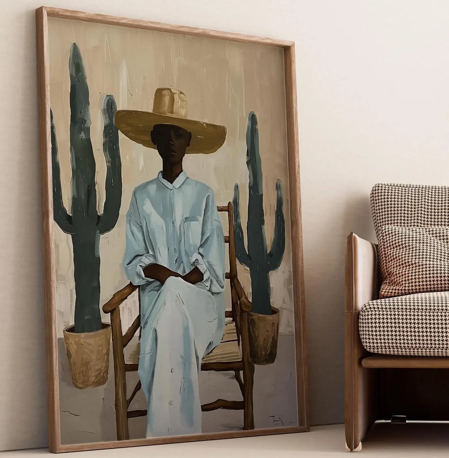 Affiche décorative esprit bohème désert, femme et cactus