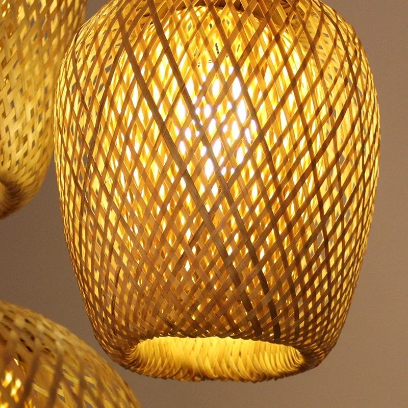 Ibiza-Suspension triple en bambou tressé – Luminaire naturel style Japandi