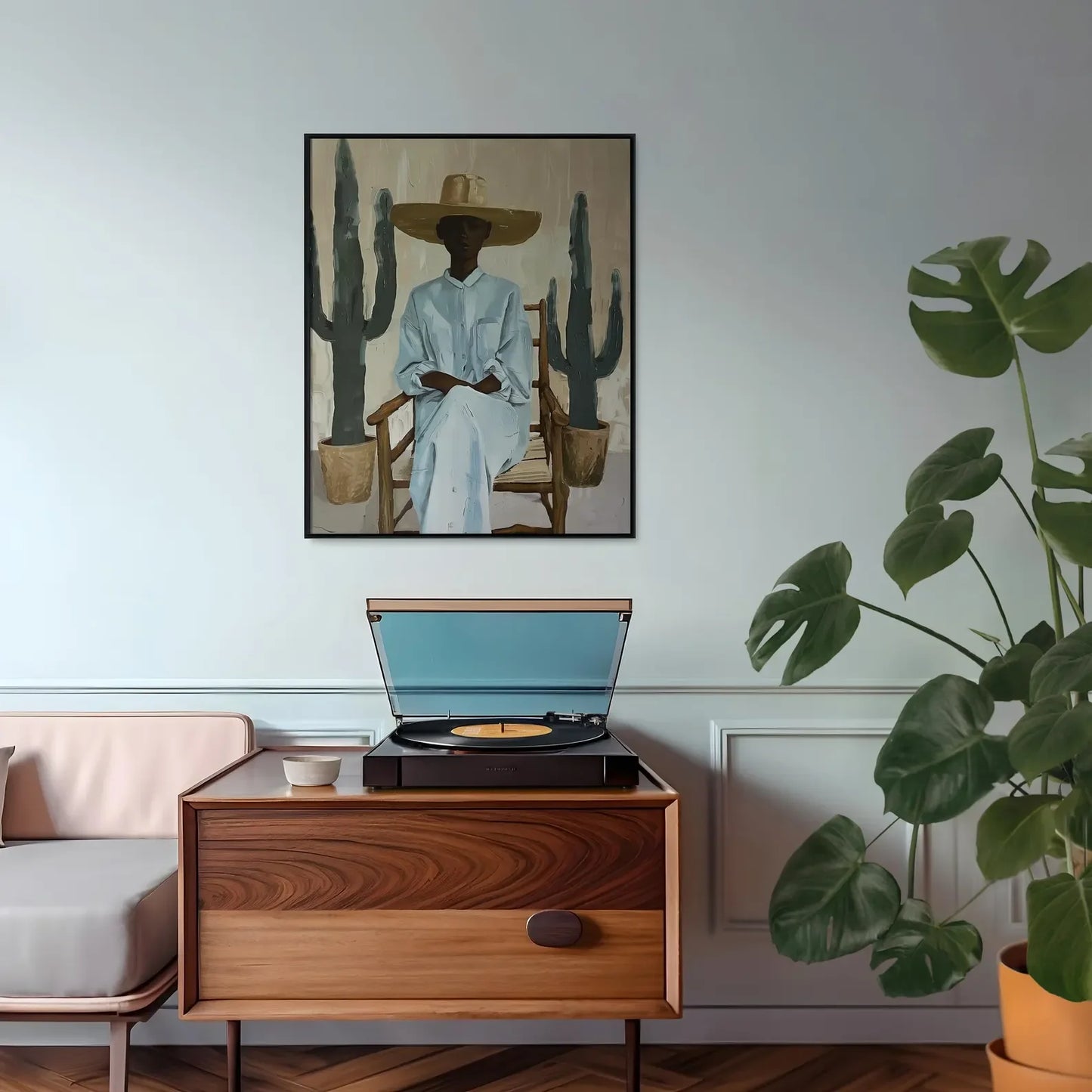 Affiche décorative esprit bohème désert, femme et cactus