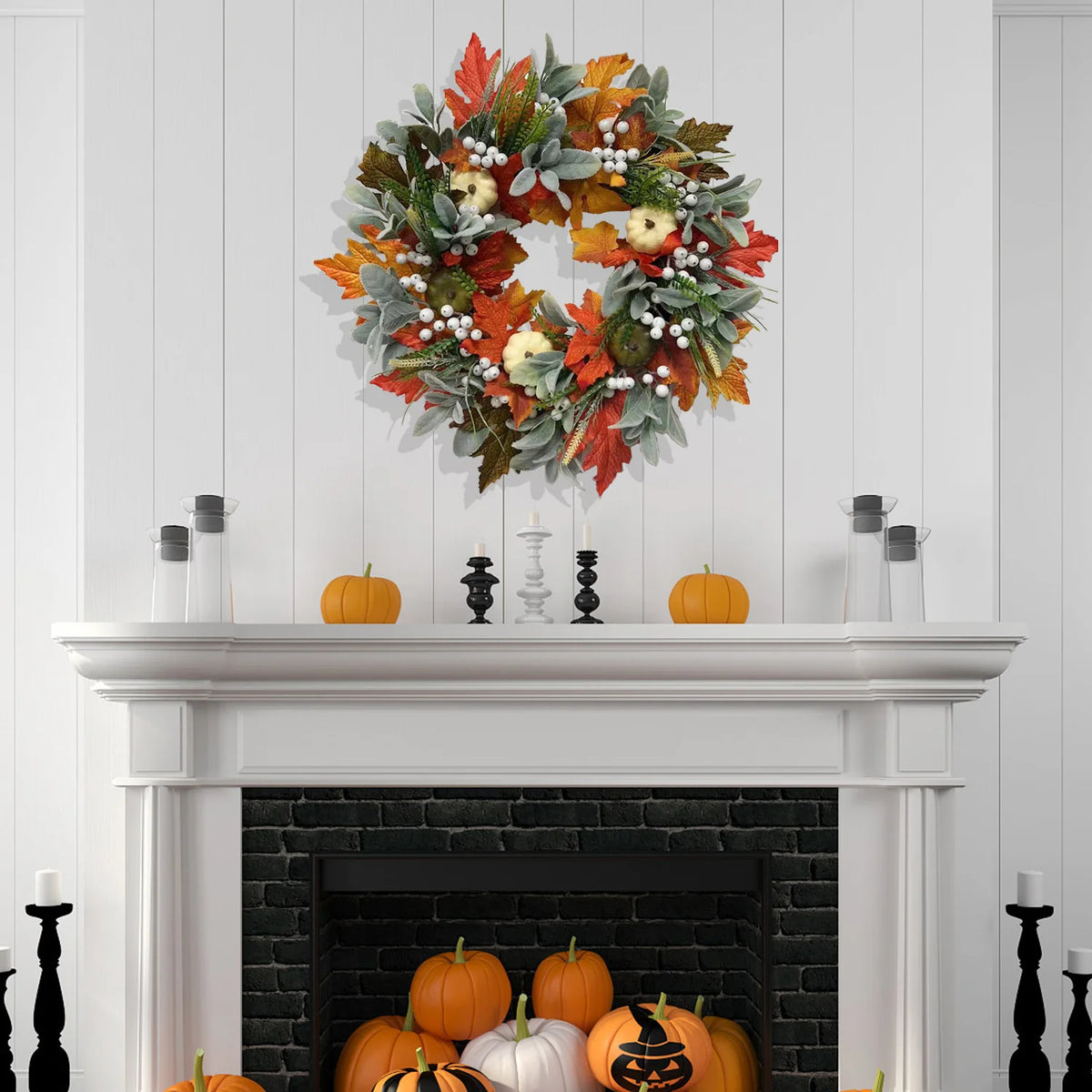 Couronne d’automne décorative – Feuilles d’érable, baies et citrouilles