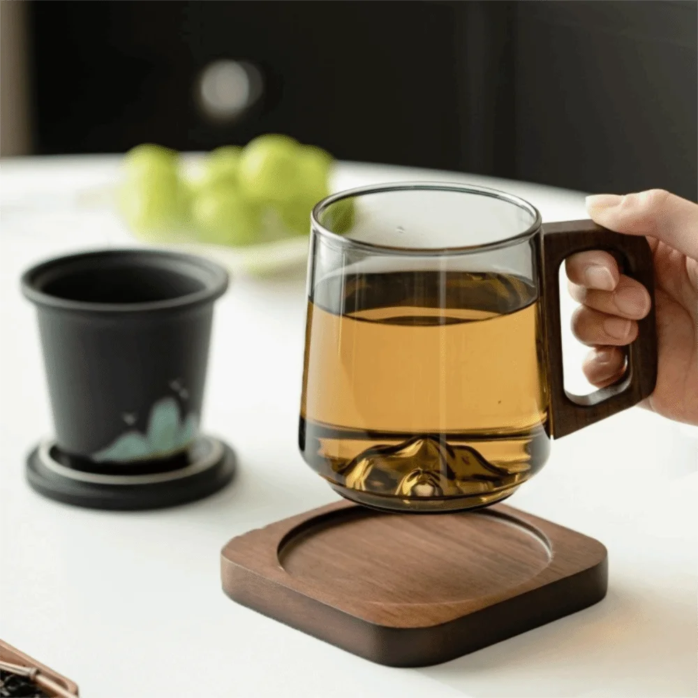 Fiora-Tasse en verre fumé avec anse en bois – 450 ml