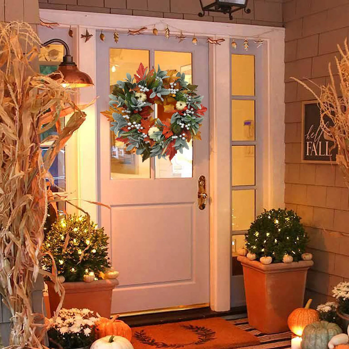 Couronne d’automne décorative – Feuilles d’érable, baies et citrouilles