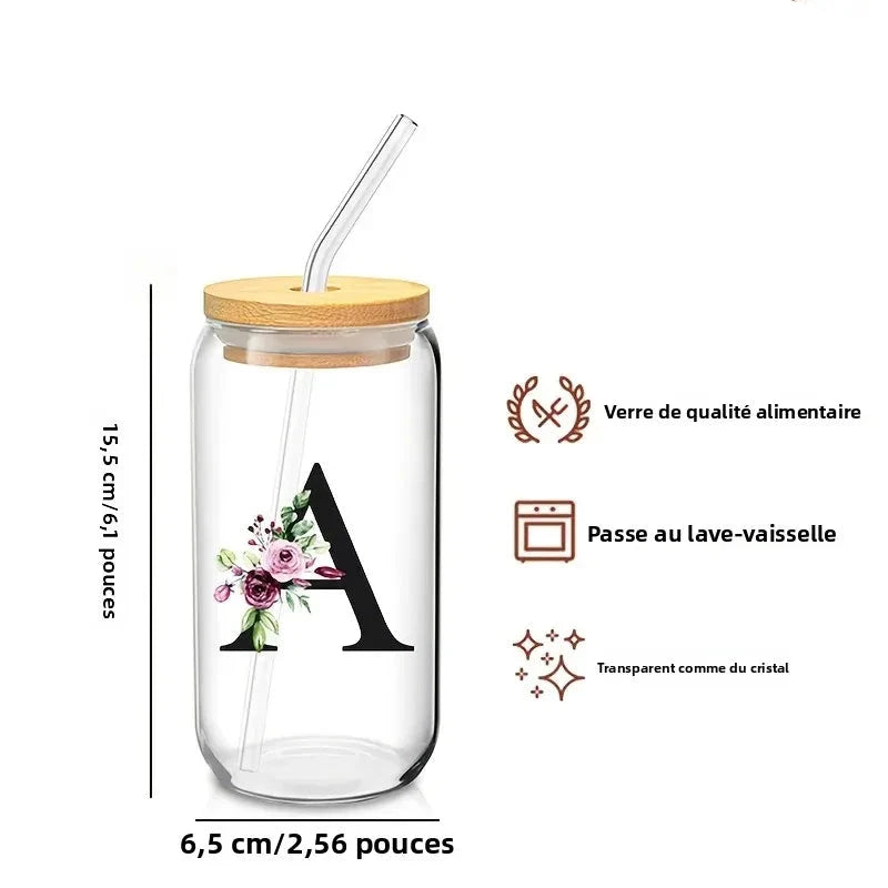 Valou-Verre transparent avec lettre, couvercle en bambou et paille – 470 ml