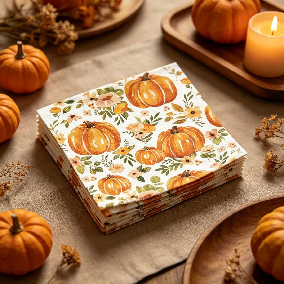 Serviettes automnales aquarelle – Citrouilles & fleurs