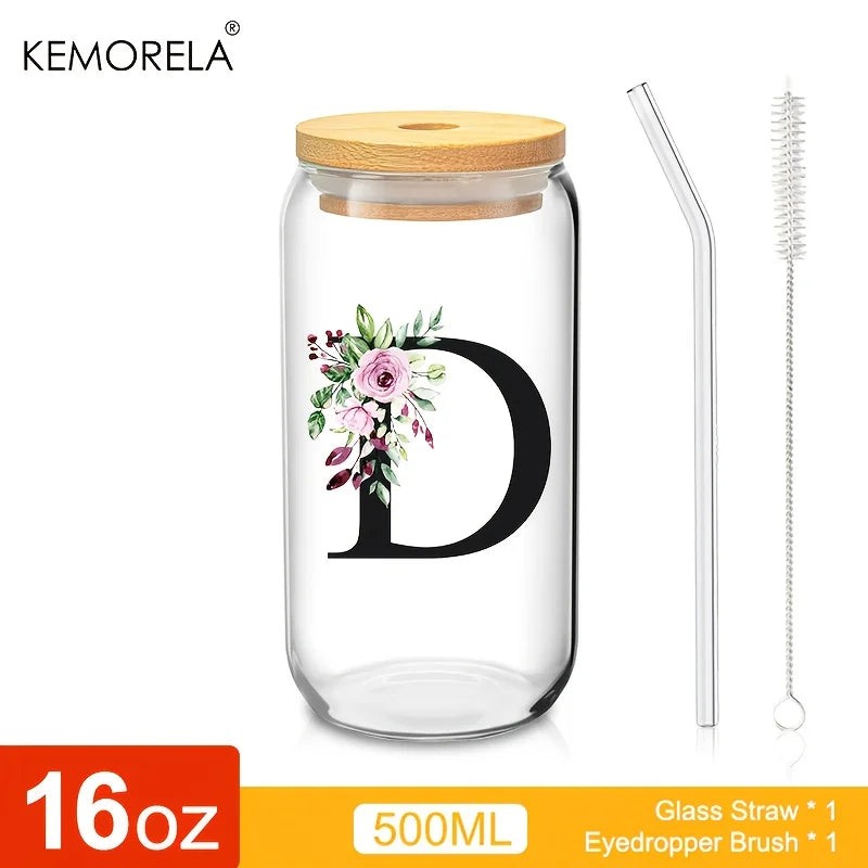 Valou-Verre transparent avec lettre, couvercle en bambou et paille – 470 ml