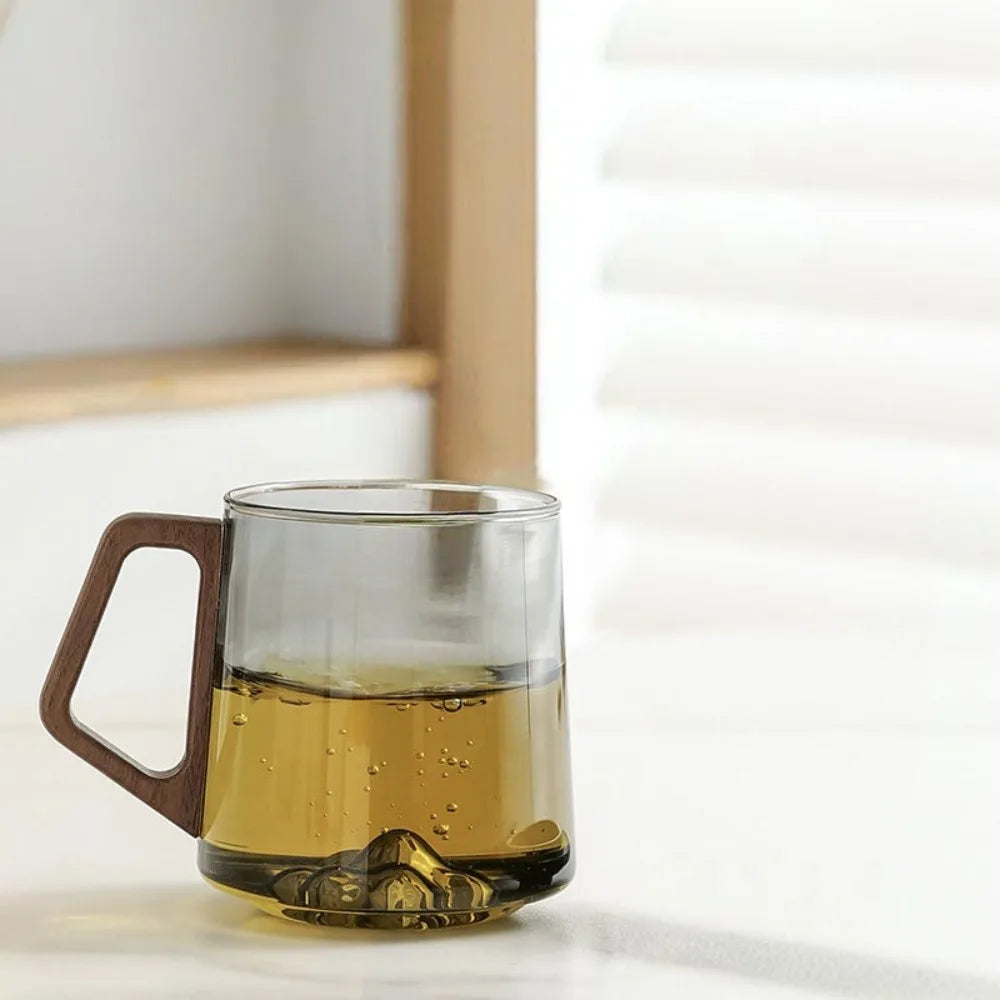 Fiora-Tasse en verre fumé avec anse en bois – 450 ml