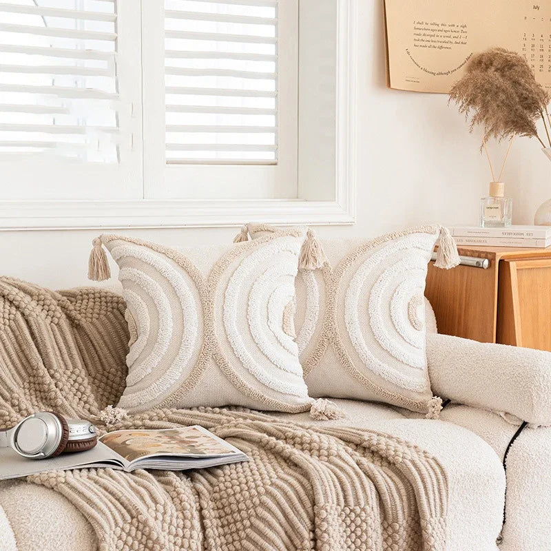 West-Housse de coussin beige à boucles, motif géométrique semi-circulaire, brodée et crochetée, pour canapé