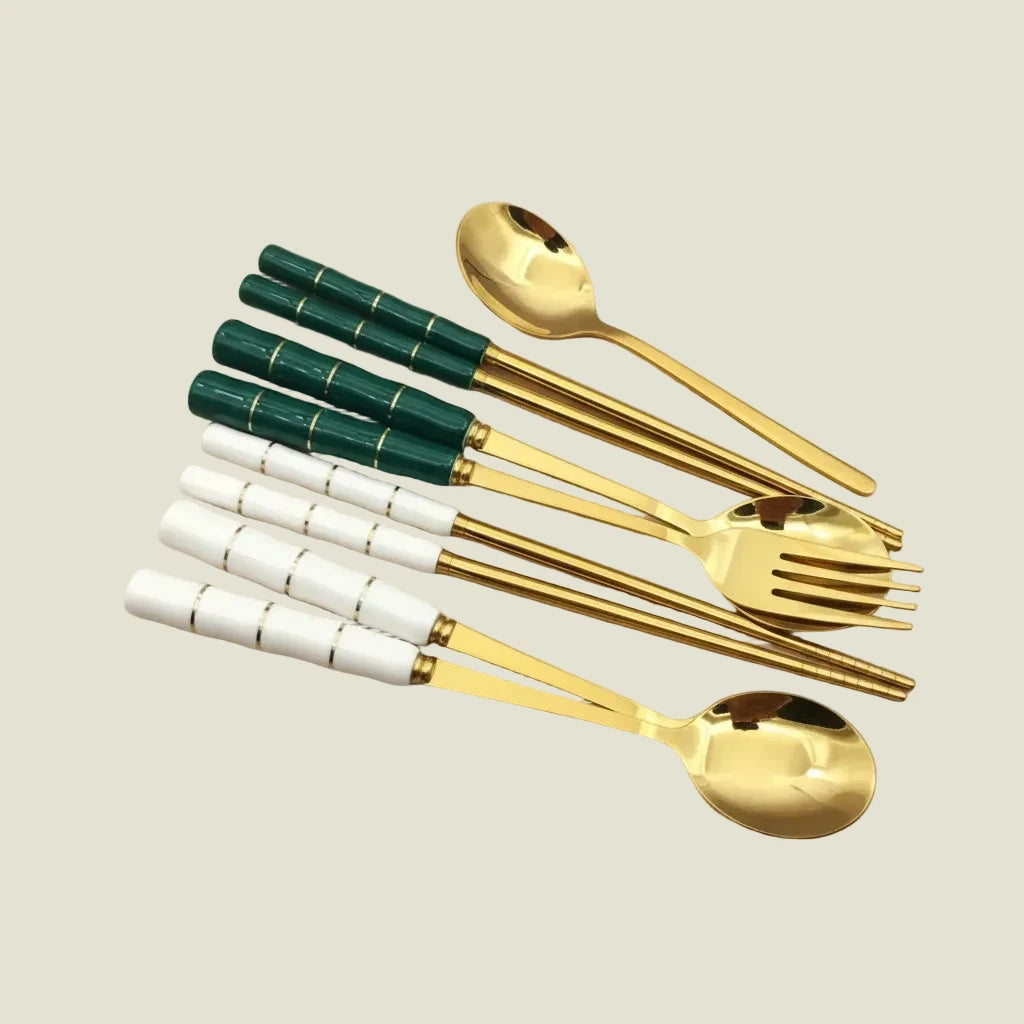 Roy-Set de couverts design en acier inoxydable finition dorée