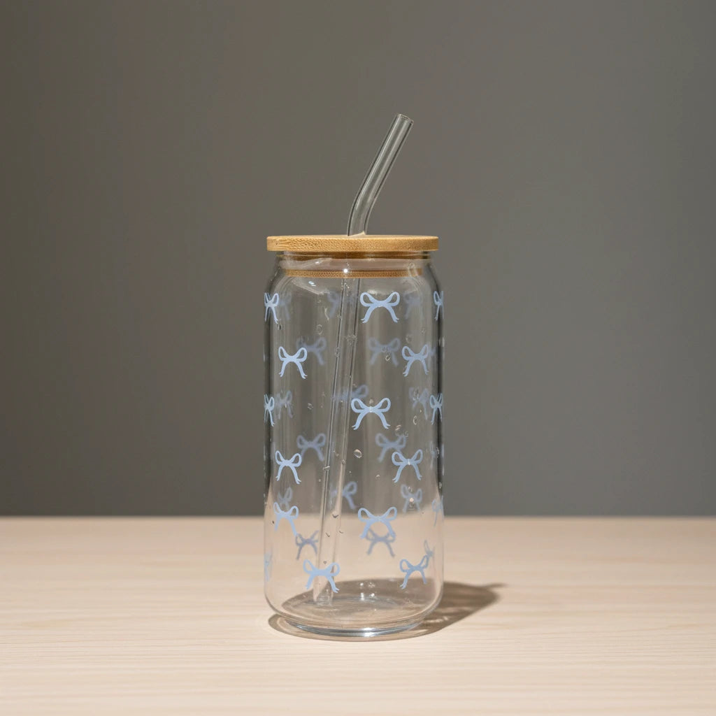 Girly-Verre transparent avec couvercle en bambou, paille et nœuds roses – 1 ou 2 pièces