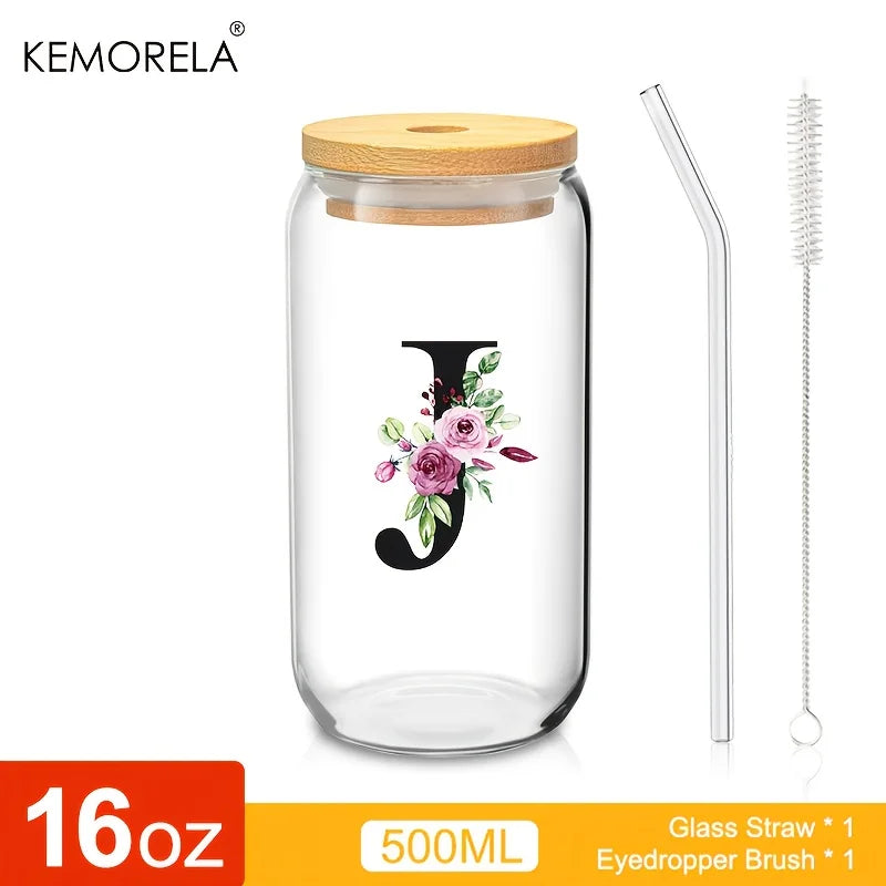 Valou-Verre transparent avec lettre, couvercle en bambou et paille – 470 ml