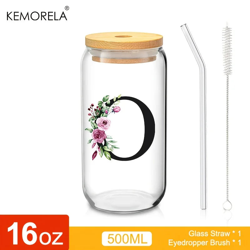 Valou-Verre transparent avec lettre, couvercle en bambou et paille – 470 ml