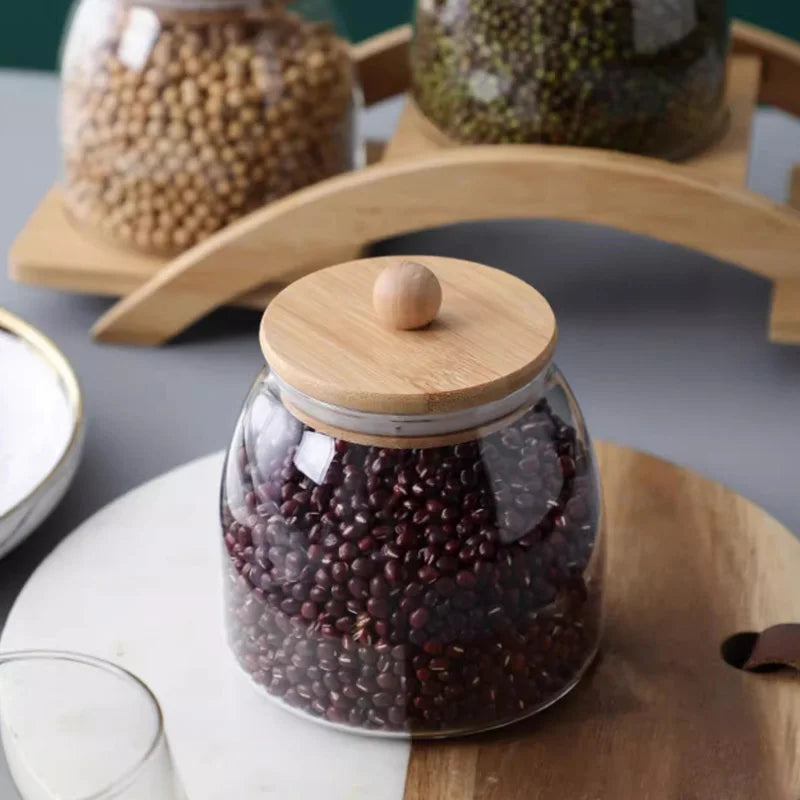 Bocaux en verre hermétiques avec couvercle bois – Rangement élégant