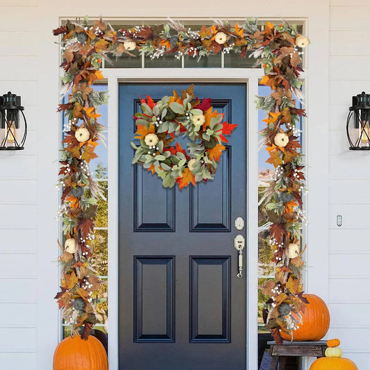 Couronne d’automne décorative – Citrouilles et feuillage aux tons chaleureux