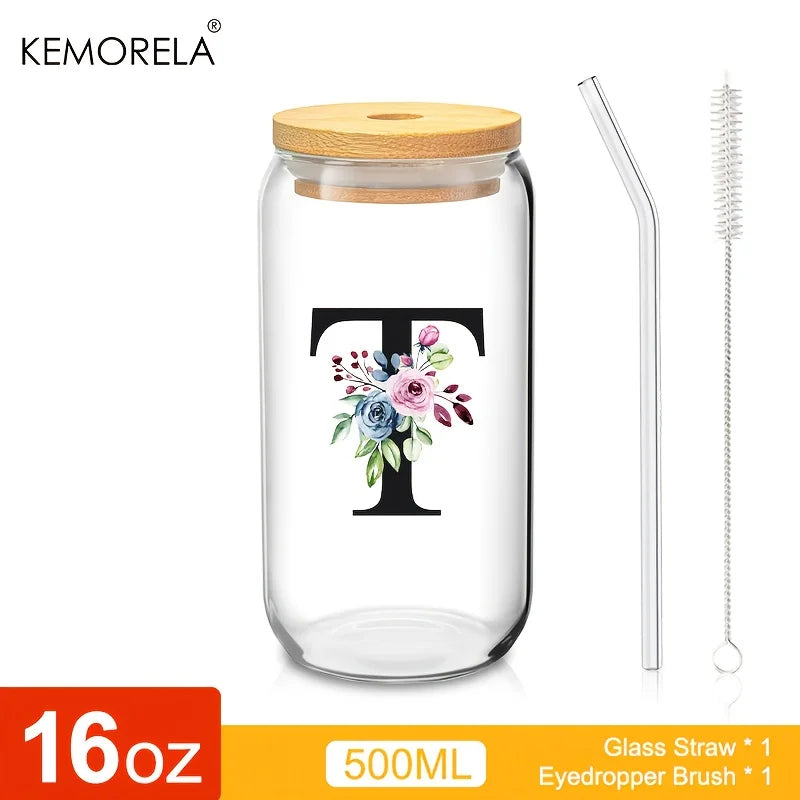 Valou-Verre transparent avec lettre, couvercle en bambou et paille – 470 ml