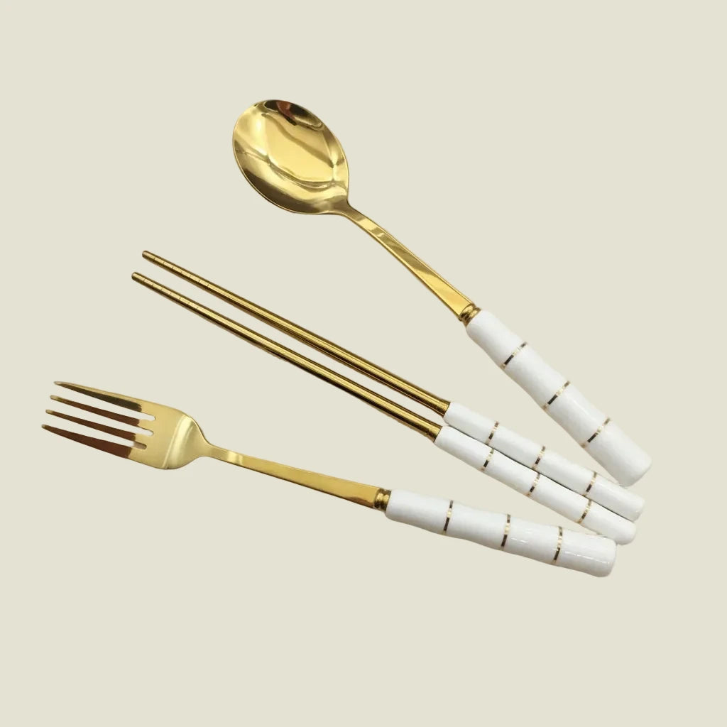 Roy-Set de couverts design en acier inoxydable finition dorée