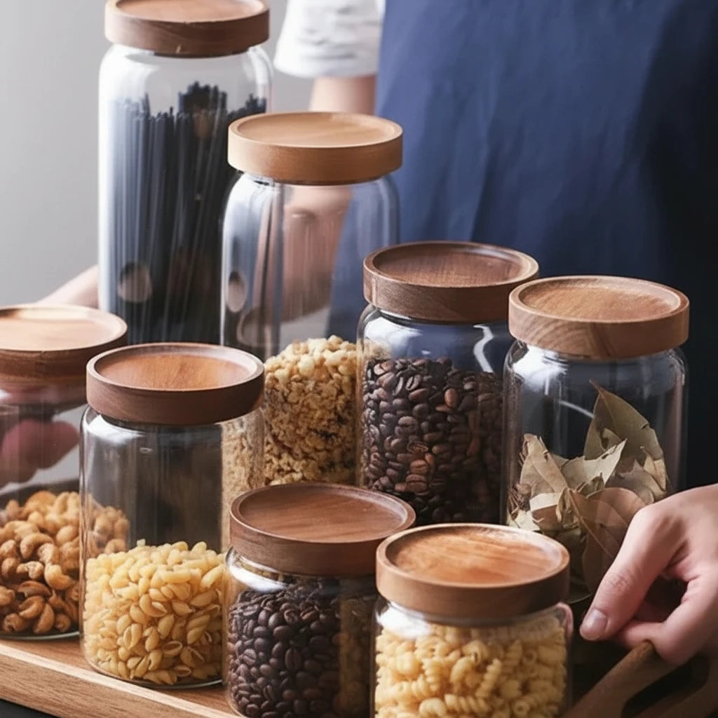 Jo-Bocaux en verre hermétiques avec couvercle en bois – Rangement élégant et pratique