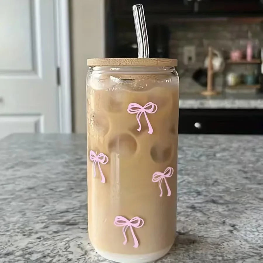Girly-Verre transparent avec couvercle en bambou, paille et nœuds roses – 1 ou 2 pièces