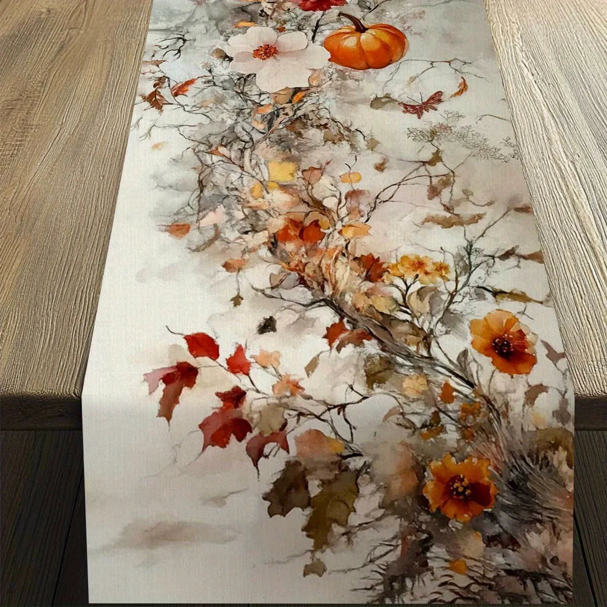 Chemin de table automnal – Citrouilles & fleurs aquarelle