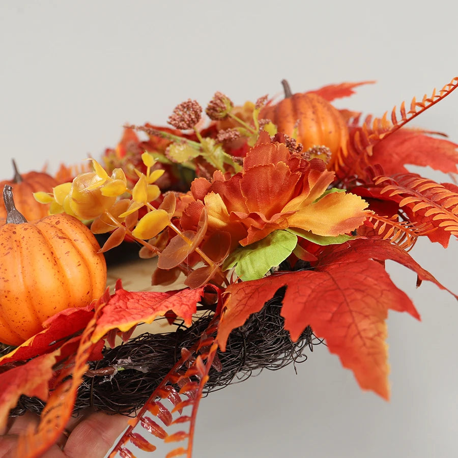 Couronne d’Automne 50 cm – Feuilles d’Érable et Citrouilles