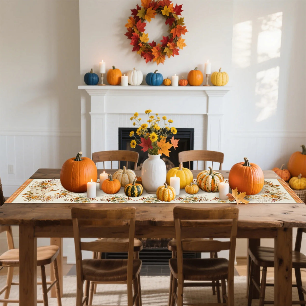 Chemin de table automnal – Citrouilles et fleurs