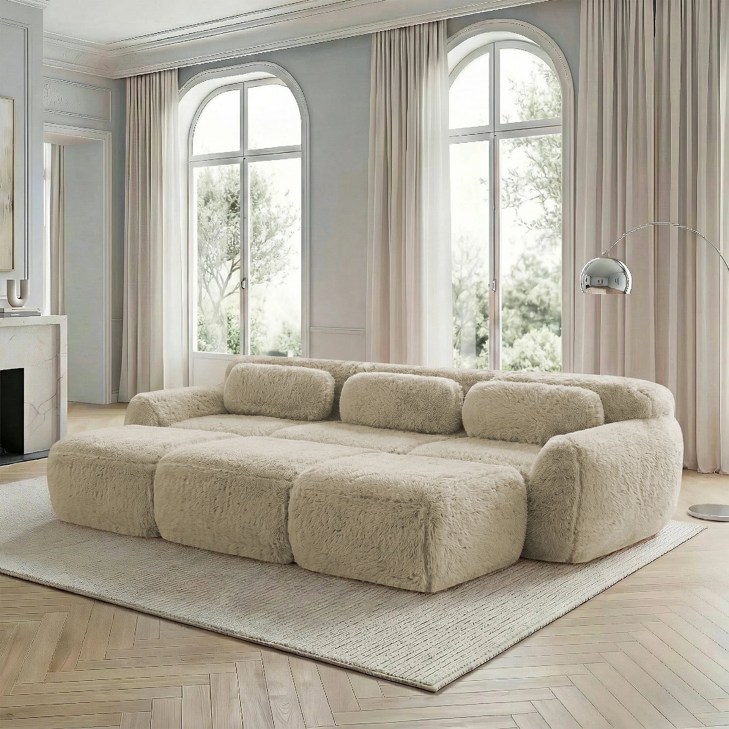 Léa-Canapé modulable 3 places en tissu bouclette avec poufs intégrés