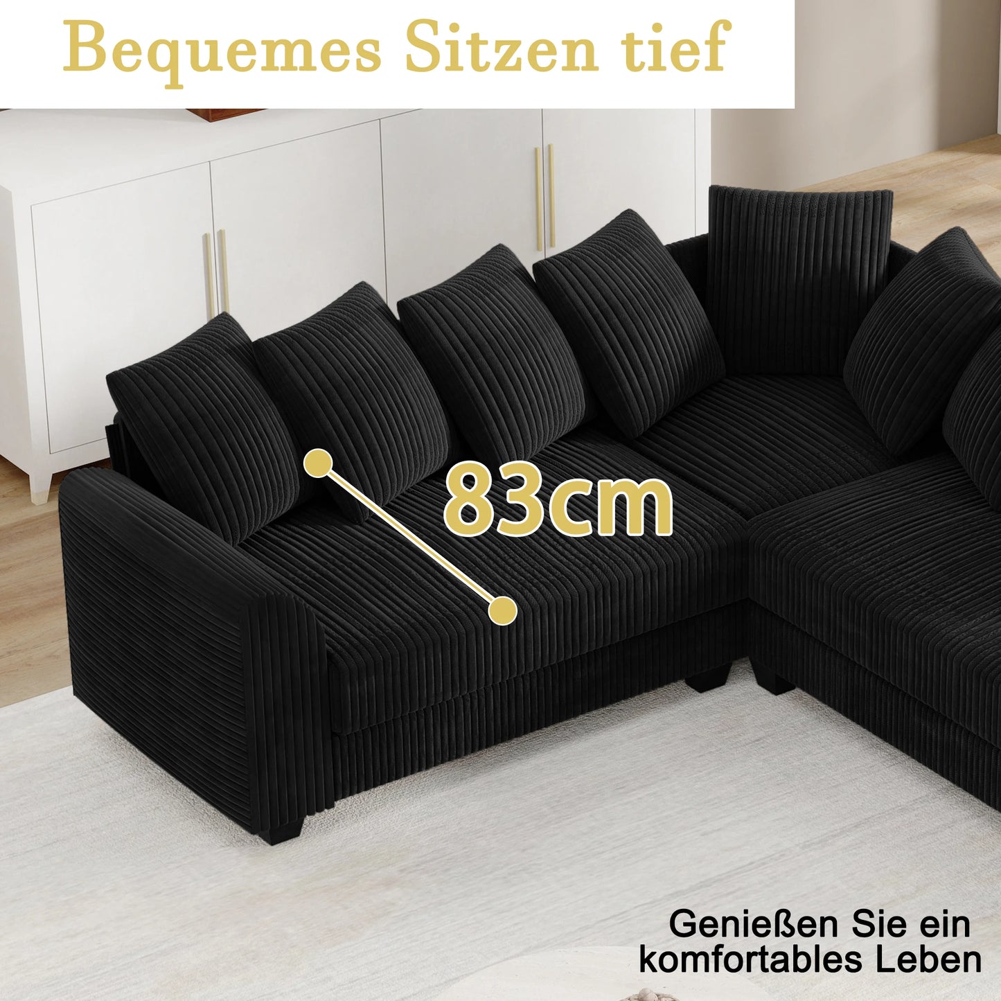 Isa-Canapé d’angle modulable 5 places en velours côtelé noir