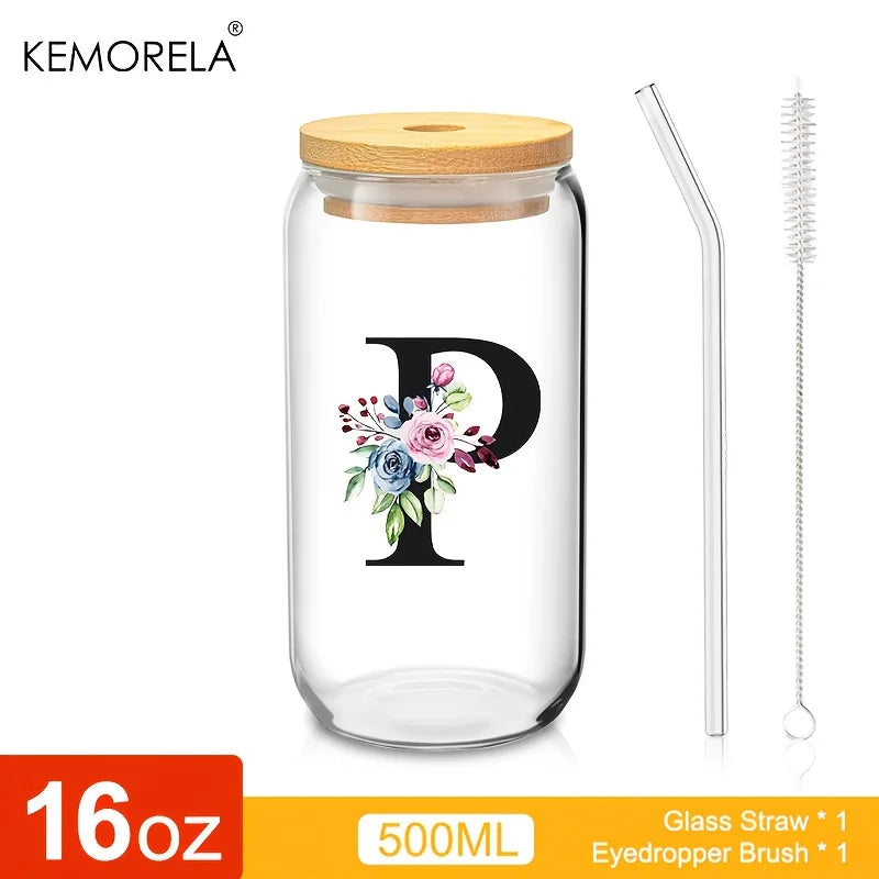 Valou-Verre transparent avec lettre, couvercle en bambou et paille – 470 ml