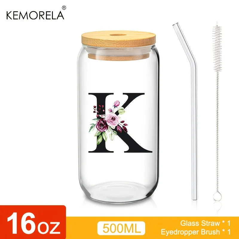 Valou-Verre transparent avec lettre, couvercle en bambou et paille – 470 ml