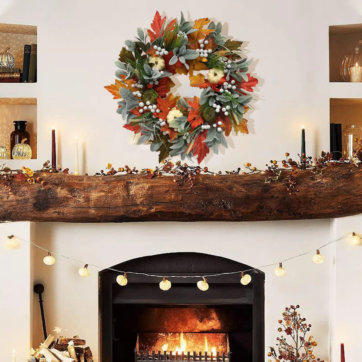 Couronne d’automne décorative – Feuilles d’érable, baies et citrouilles