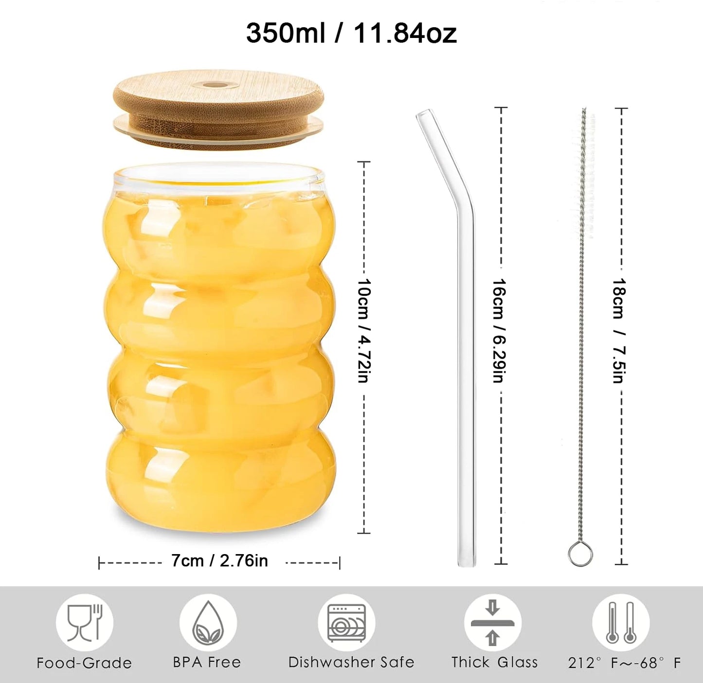 Vague-Verre ondulé avec couvercle, paille et goupillon – Lot de 2 ou 4 pièces