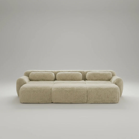 Léa-Canapé modulable 3 places en tissu bouclette avec poufs intégrés