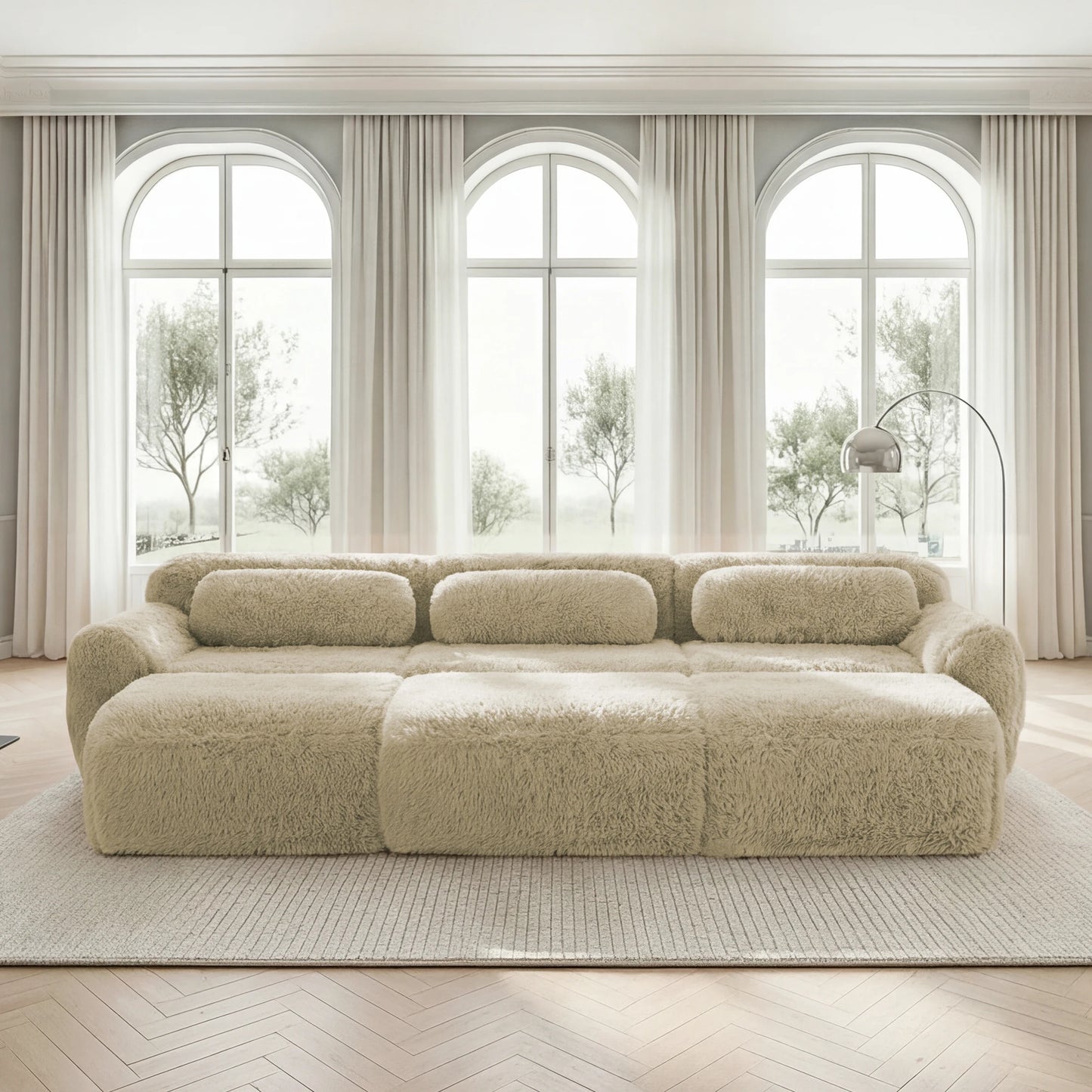 Léa-Canapé modulable 3 places en tissu bouclette avec poufs intégrés