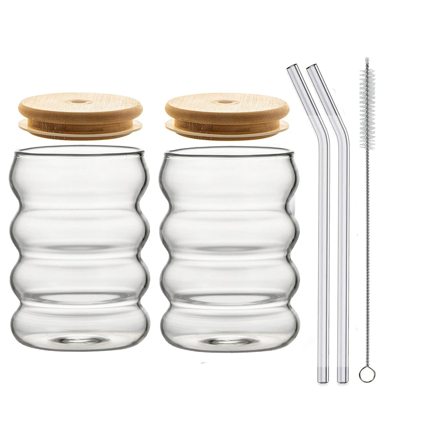 Vague-Verre ondulé avec couvercle, paille et goupillon – Lot de 2 ou 4 pièces