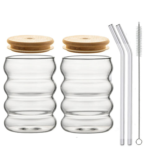 Vague-Verre ondulé avec couvercle, paille et goupillon – Lot de 2 ou 4 pièces