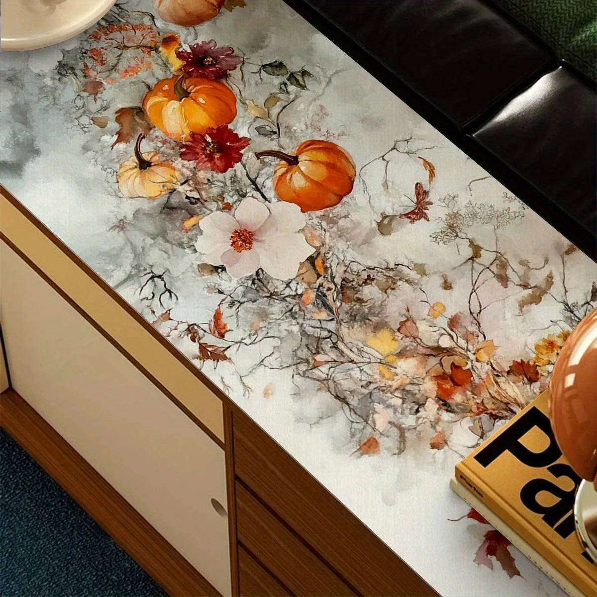 Chemin de table automnal – Citrouilles & fleurs aquarelle