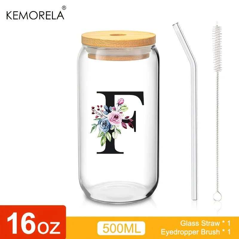 Valou-Verre transparent avec lettre, couvercle en bambou et paille – 470 ml