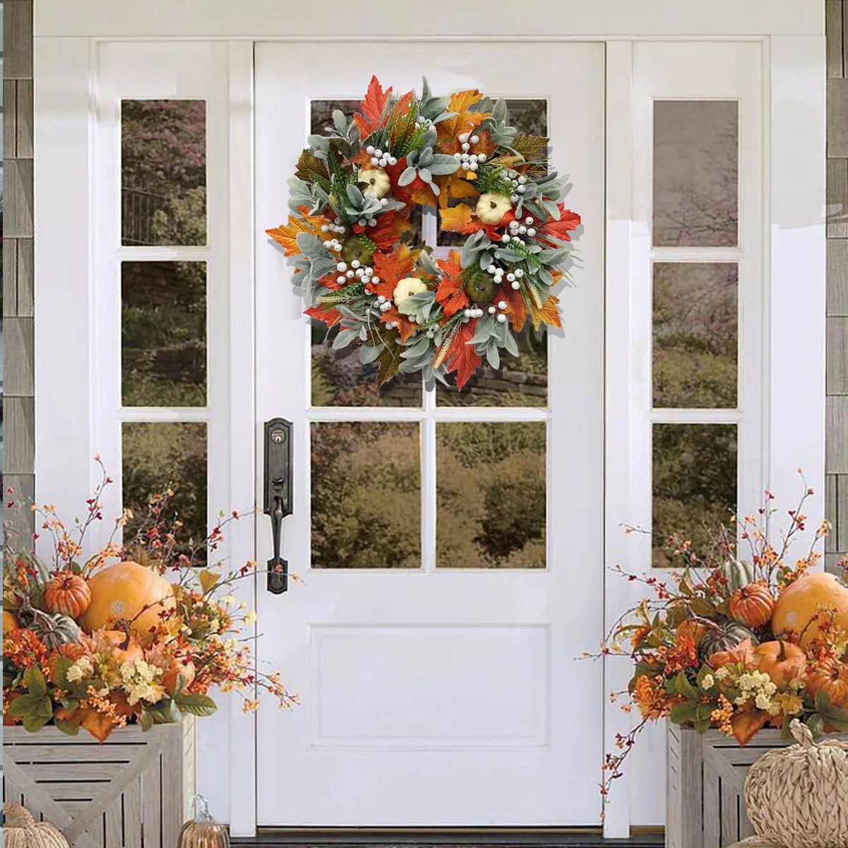 Couronne d’automne décorative – Feuilles d’érable, baies et citrouilles